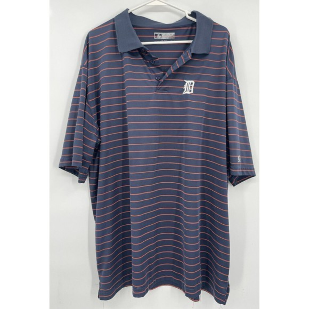 True Fan XXL Polo Shirt‎ Mens Navy Orange Striped Detroit Tigers MLB Performance